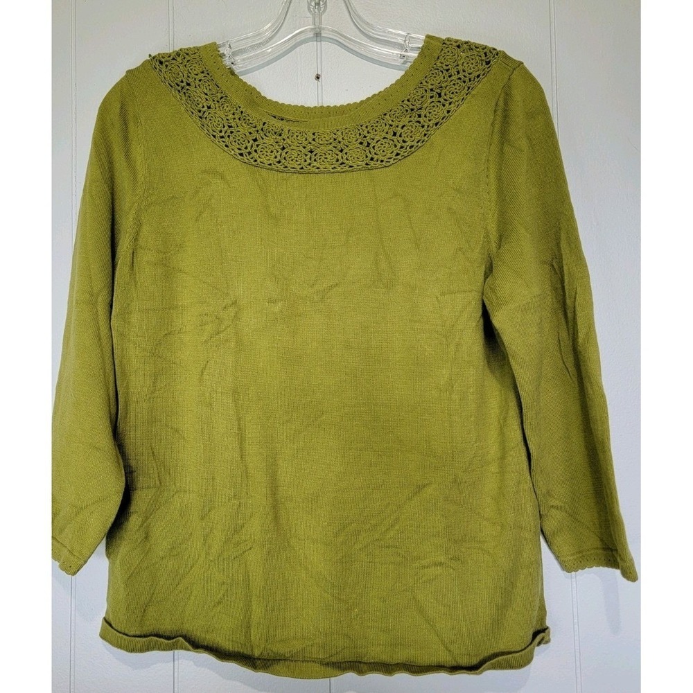 World Republic Olive Green Crochet Lace Neckline Sweater Womens XL 3/4 Sleeve